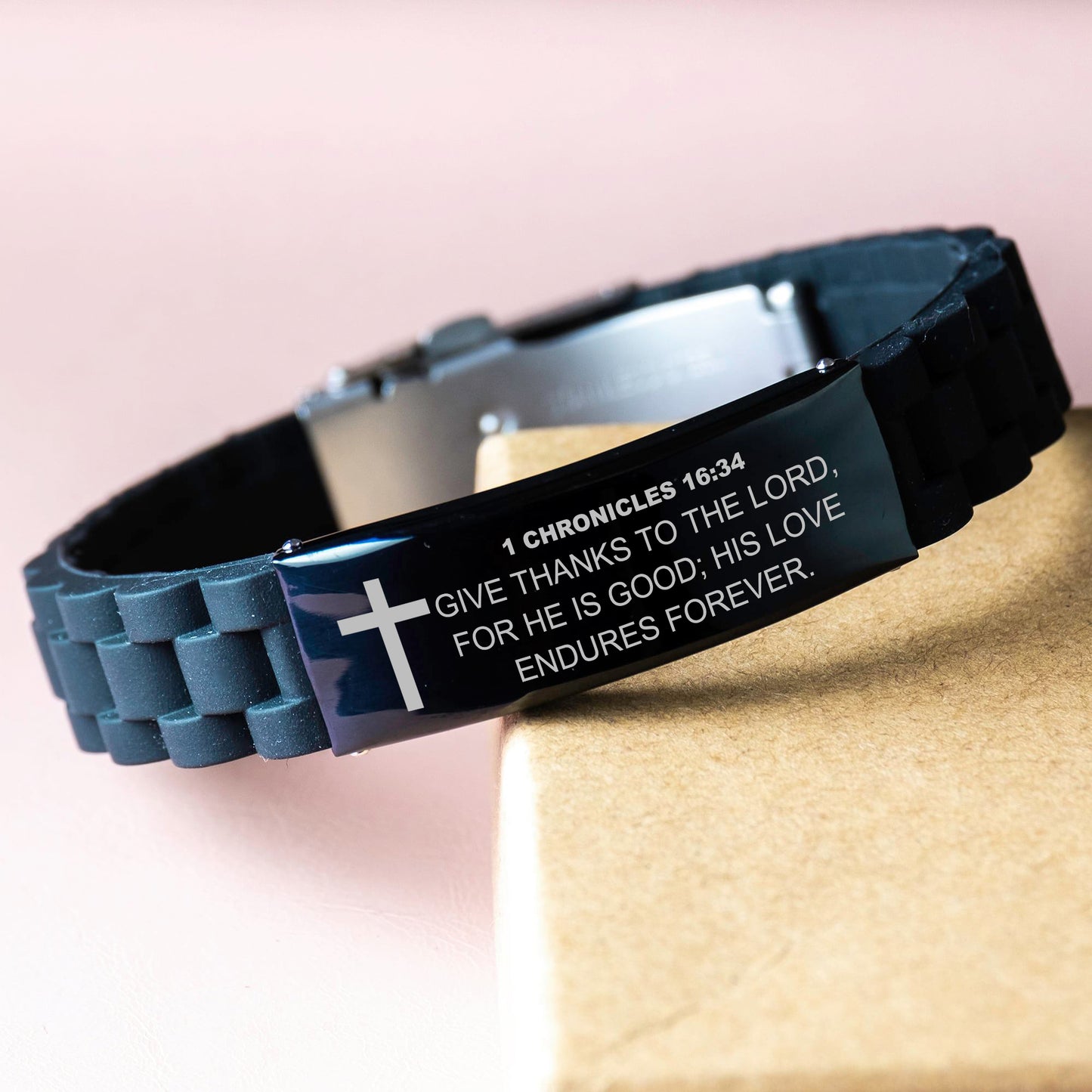 1 Chronicles 16 34 Bracelet, Bible Verse Bracelet, Christian Bracelet, Black Stainless Steel Silicone Bracelet, Gift for Christian
