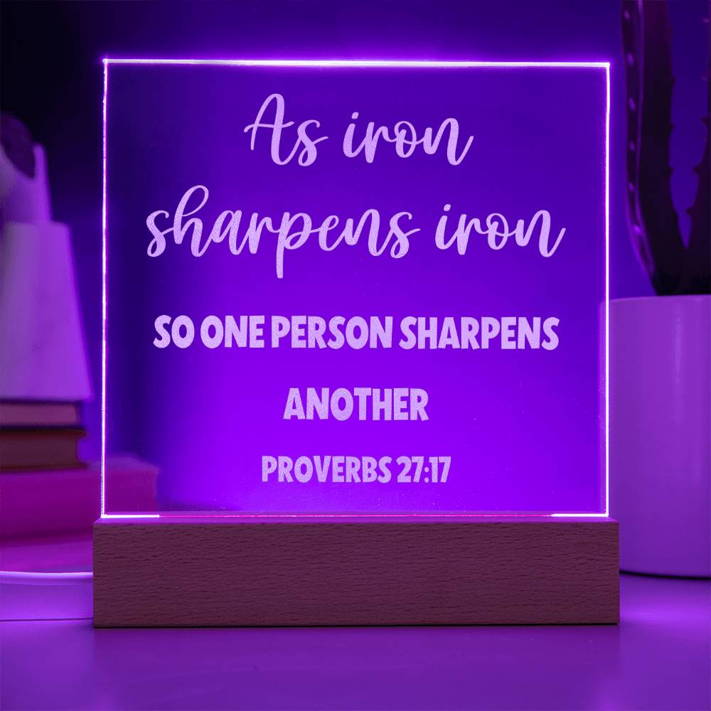 Proverbs 27:17, Iron Sharpens Iron Engraved Acrylic Plaque, Bible Verse Sign, Family Scripture Christian Gift