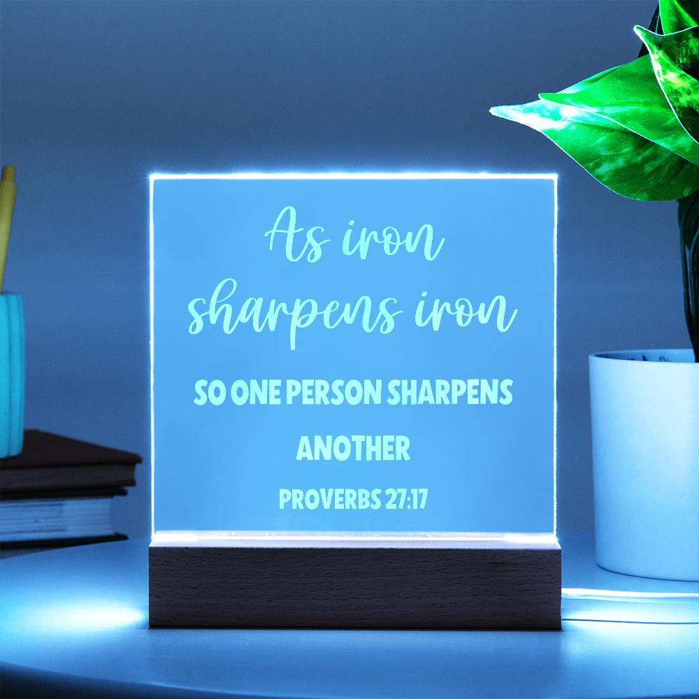 Proverbs 27:17, Iron Sharpens Iron Engraved Acrylic Plaque, Bible Verse Sign, Family Scripture Christian Gift