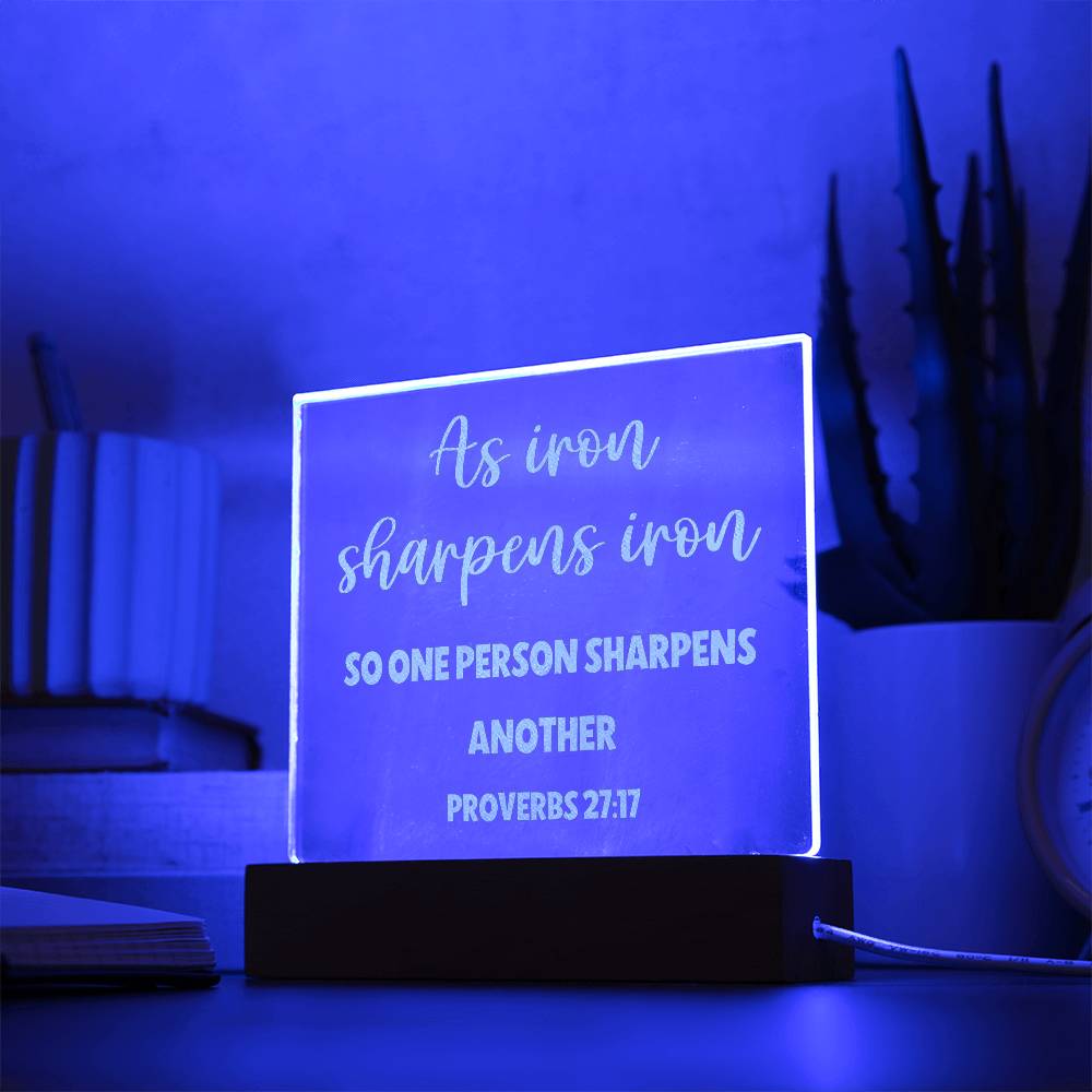 Proverbs 27:17, Iron Sharpens Iron Engraved Acrylic Plaque, Bible Verse Sign, Family Scripture Christian Gift