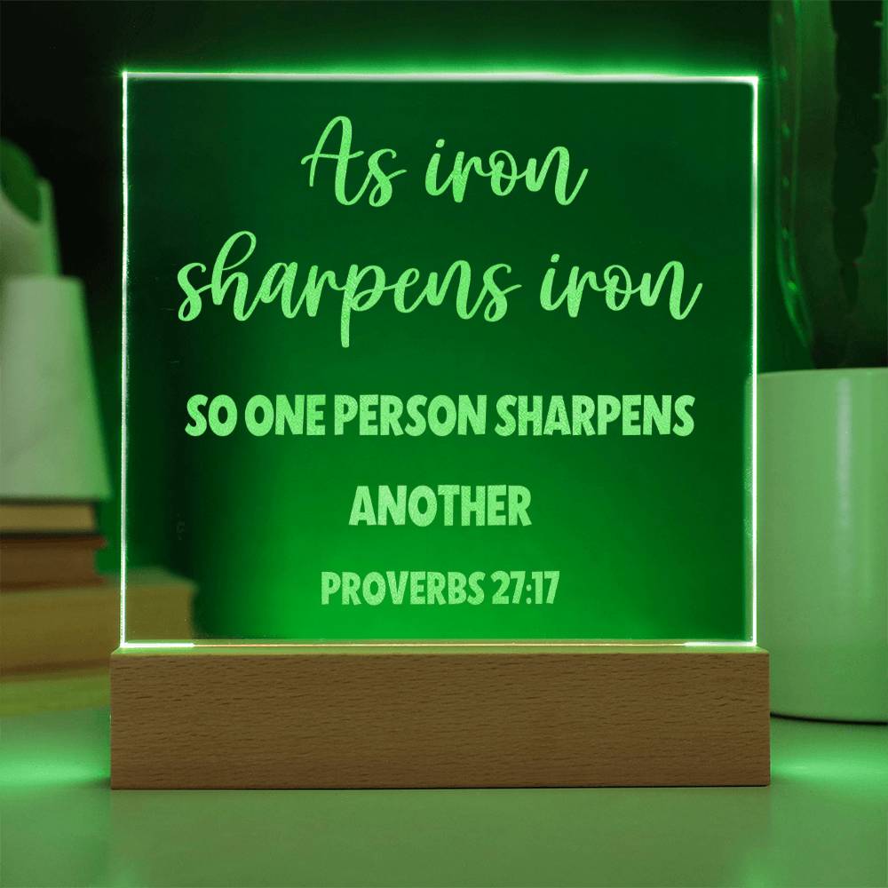 Proverbs 27:17, Iron Sharpens Iron Engraved Acrylic Plaque, Bible Verse Sign, Family Scripture Christian Gift