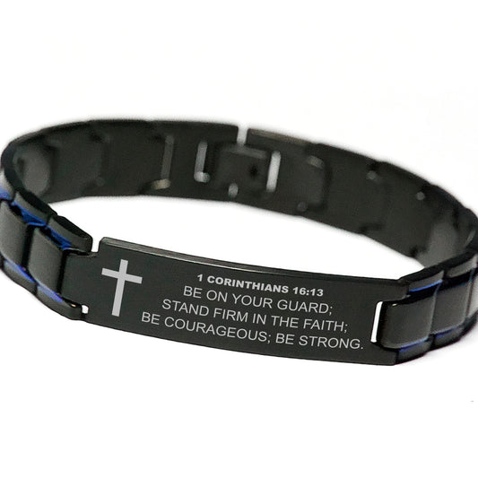 1 Corinthians 16:13 Bracelet, Be on Your Guard, Bible Verse Scripture Faith Courage Love Christian Gift, Engraved Blue Black Metal Bracelet