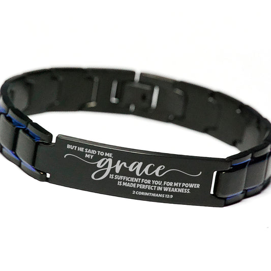 2 Corinthians 12:9, My Grace is Sufficient For You Bracelet, Bible Verse Scripture Christian Gift, Engraved Blue Black Metal Bracelet