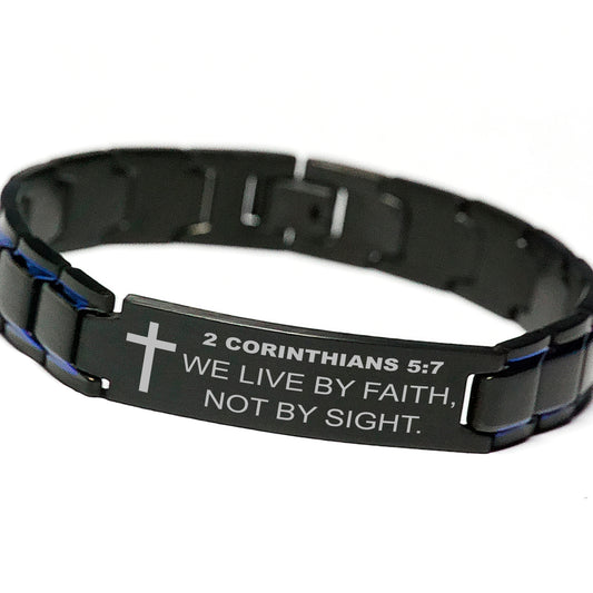 2 Corinthians 5:7 Bracelet, We Live By Faith Not By Sight Bible Verse Scripture Christian Gift, Engraved Blue Black Metal Bracelet