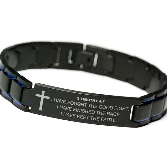 2 Timothy 4:7 Bracelet, I Have Fought The Good Fight, Bible Verse Scripture Christian Gift, Engraved Blue Black Metal Bracelet