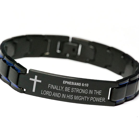 Ephesians 6:10 Bracelet, Be Strong In The Lord, Bible Verse Scripture Christian Gift, Engraved Blue Black Metal Bracelet