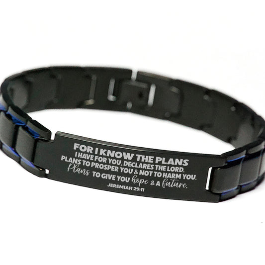 Jeremiah 29:11 For I know the Plans I Have For You Bracelet, Bible Verse Scripture Christian Gift, Engraved Blue Black Metal Bracelet