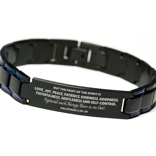 Galatians 5:22-23 But The Fruit Of The Spirit Bracelet, Love Joy Peace Bible Verse Christian Gift, Engraved Blue Black Metal Bracelet