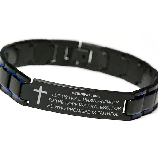 Hebrews 10:23 Bracelet, Let Us Hold Unswervingly To The Hope, Bible Verse Scripture Christian Gift, Engraved Blue Black Metal Bracelet