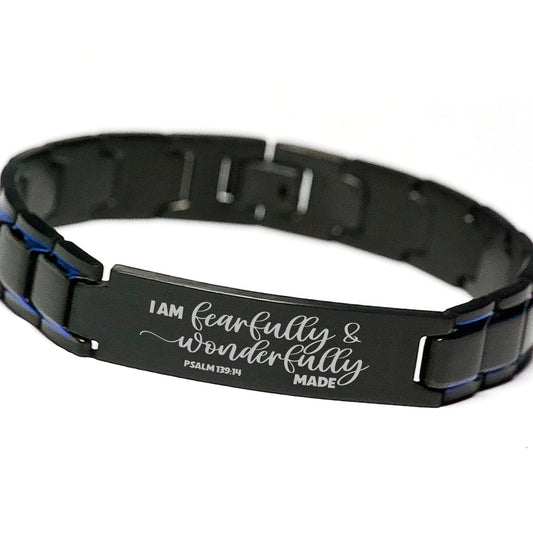 I Am Fearfully And Wonderfully Made Psalm 139:14 Bracelet, Bible Verse Scripture Christian Gift, Engraved Blue Black Metal Bracelet