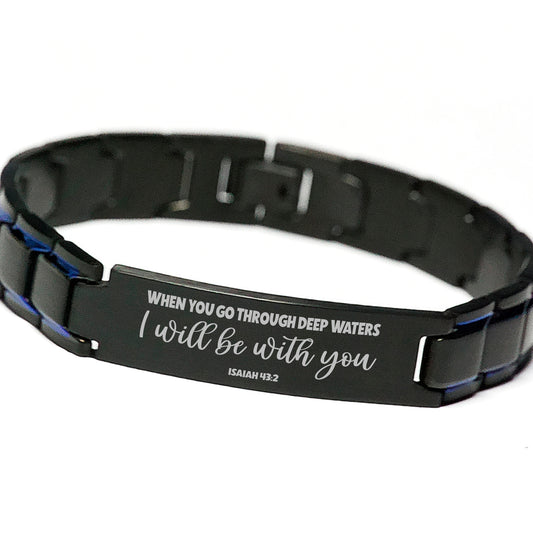 Isaiah 43:2 When You Go Through Deep Waters Bracelet, Bible Verse Scripture Christian Gift, Engraved Blue Black Metal Bracelet