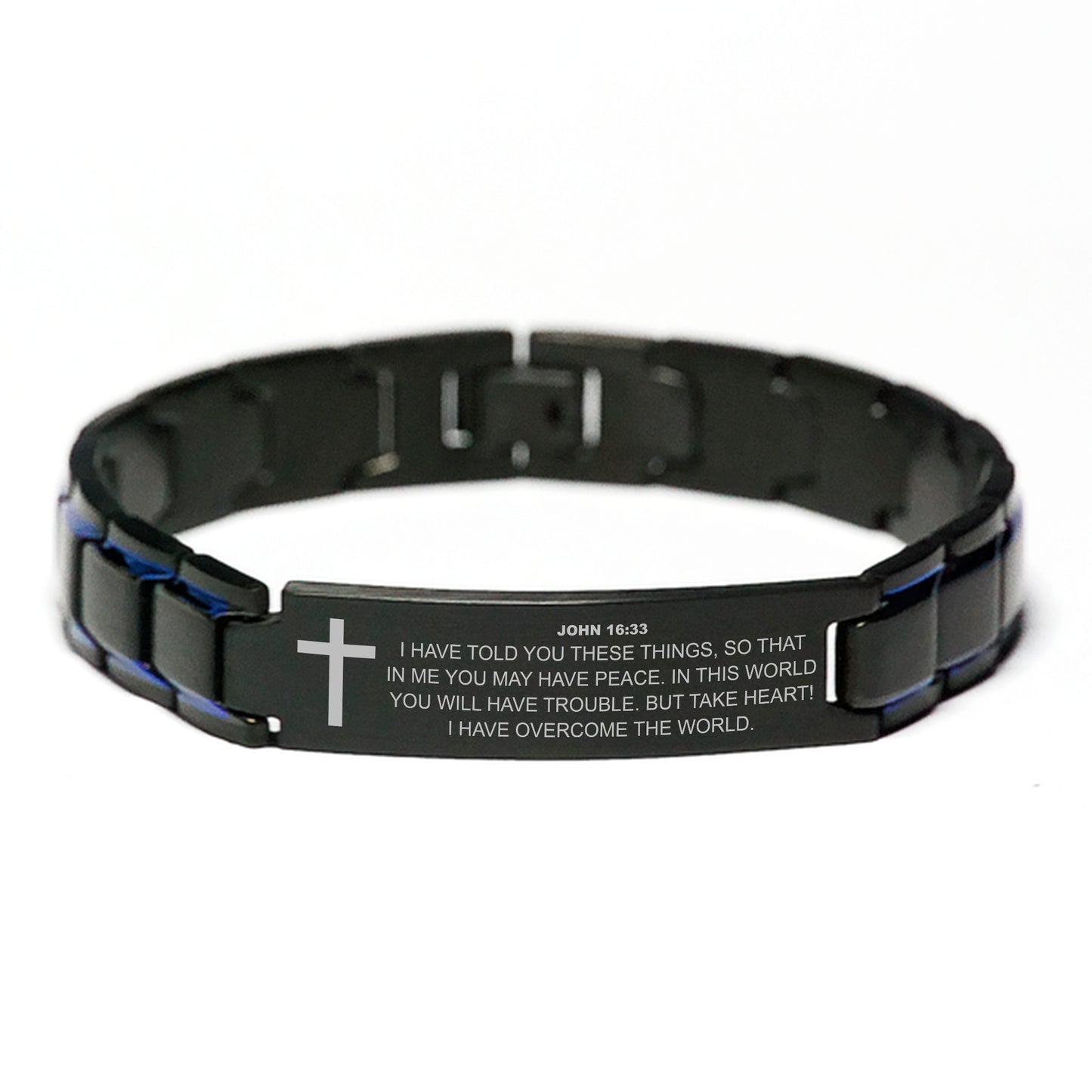 John 16:33 Bracelet, I Have Told You These Things, Bible Verse Scripture Christian Gift, Engraved Blue Black Metal Bracelet