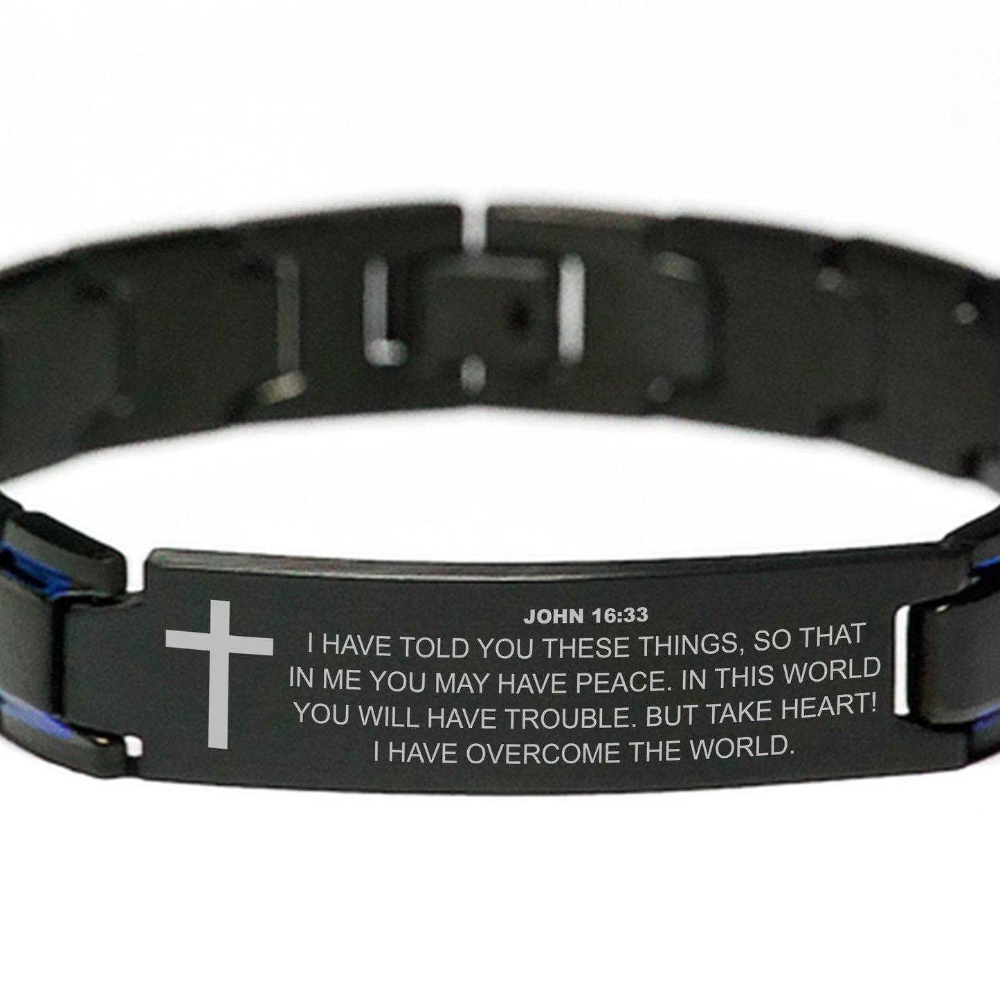 John 16:33 Bracelet, I Have Told You These Things, Bible Verse Scripture Christian Gift, Engraved Blue Black Metal Bracelet