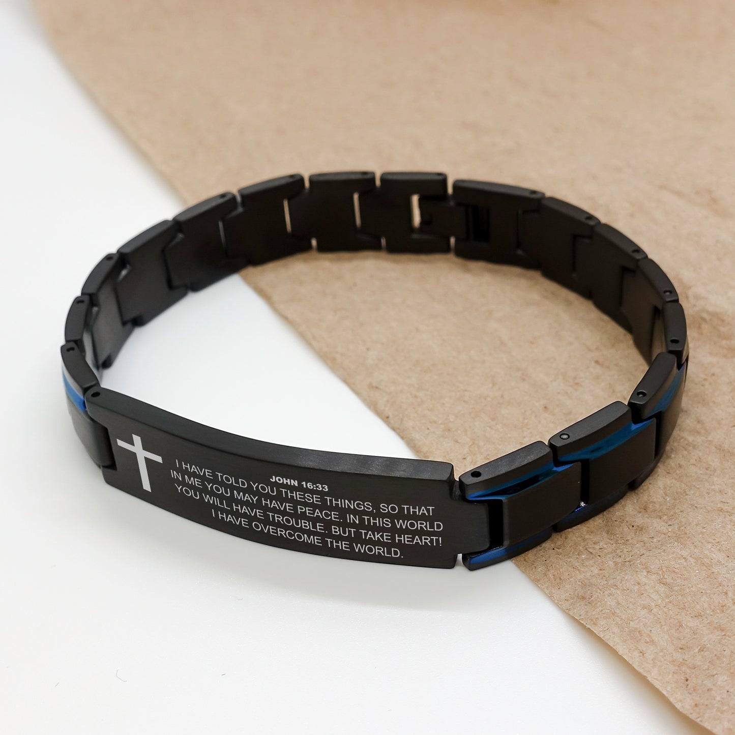 John 16:33 Bracelet, I Have Told You These Things, Bible Verse Scripture Christian Gift, Engraved Blue Black Metal Bracelet