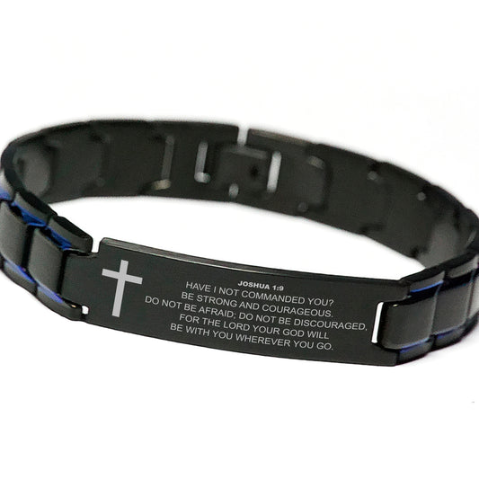 Joshua 1:9 Bracelet, Be Strong And Courageous, Bible Verse Scripture Christian Gift, Engraved Blue Black Metal Bracelet