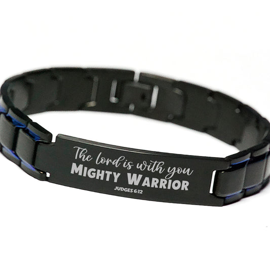 Judges 6:12 The Lord is With You Mighty Warrior Bracelet, Bible Verse Scripture Christian Gift, Engraved Blue Black Metal Bracelet