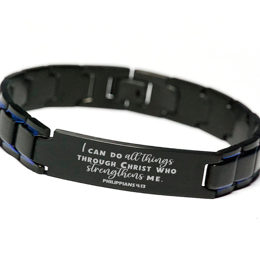 Philippians 4:13, I Can Do All Things Through Christ Engraved Acrylic Plaque, Bible Verse Blue Black Bracelet, Family Christian Gift