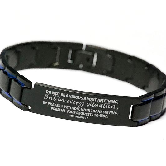 Philippians 4:6 Do Not Be Anxious About Anything Bracelet, Bible Verse Scripture Christian Gift, Engraved Blue Black Metal Bracelet