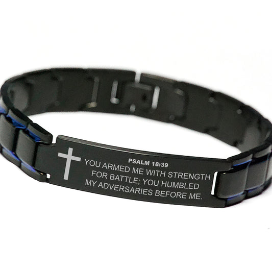 Psalm 18:39 Bracelet, You Armed Me With Strength For Battle, Bible Verse Scripture Christian Gift, Engraved Blue Black Metal Bracelet