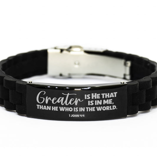 1 John 4:4, Greater is He That is in Me Bracelet, Baptism Gift, Engraved Bible Verse Faith Scripture Christian Gift, Silicone Bracelet