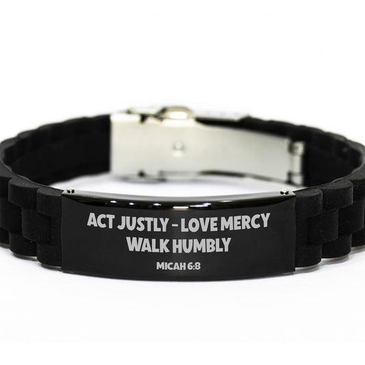 Act Justly, Love Mercy, Walk Humbly, Micah 6:8, Engraved Bible Verse Bracelet, Family Scripture Christian Gift, Silicone Bracelet