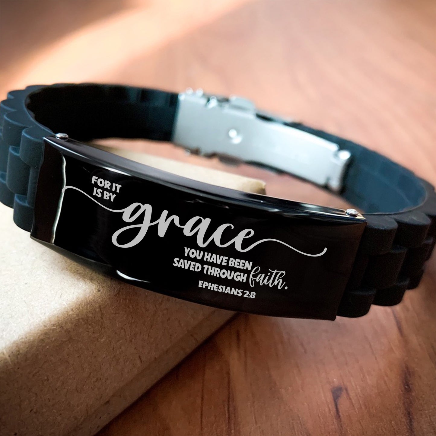 Ephesians 2:8, For It is By Grace Through Faith Bracelet, Engraved Bible Verse Family Scripture Christian Gift, Silicone Bracelet