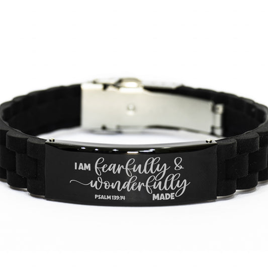 I Am Fearfully And Wonderfully Made Bracelet, Psalm 139:14, Engraved Bible Verse Affirmation Scripture Christian Gift, Silicone Bracelet