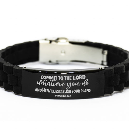 Proverbs 16:3, Commit to the Lord whatever you do, Engraved Bible Verse Bracelet, Family Scripture Christian Gift, Silicone Bracelet