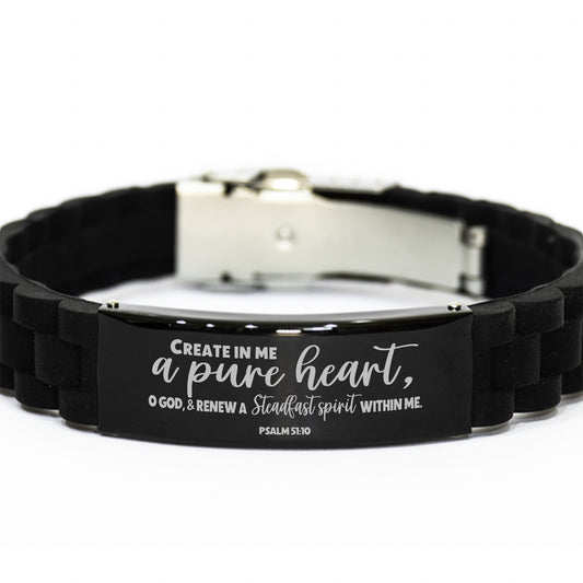 Psalm 51:10, Create in Me a Pure Heart, Scripture Shelf Sitter, Engraved Bible Verse Bracelet, Family Scripture Christian Gift, Silicone Bracelet