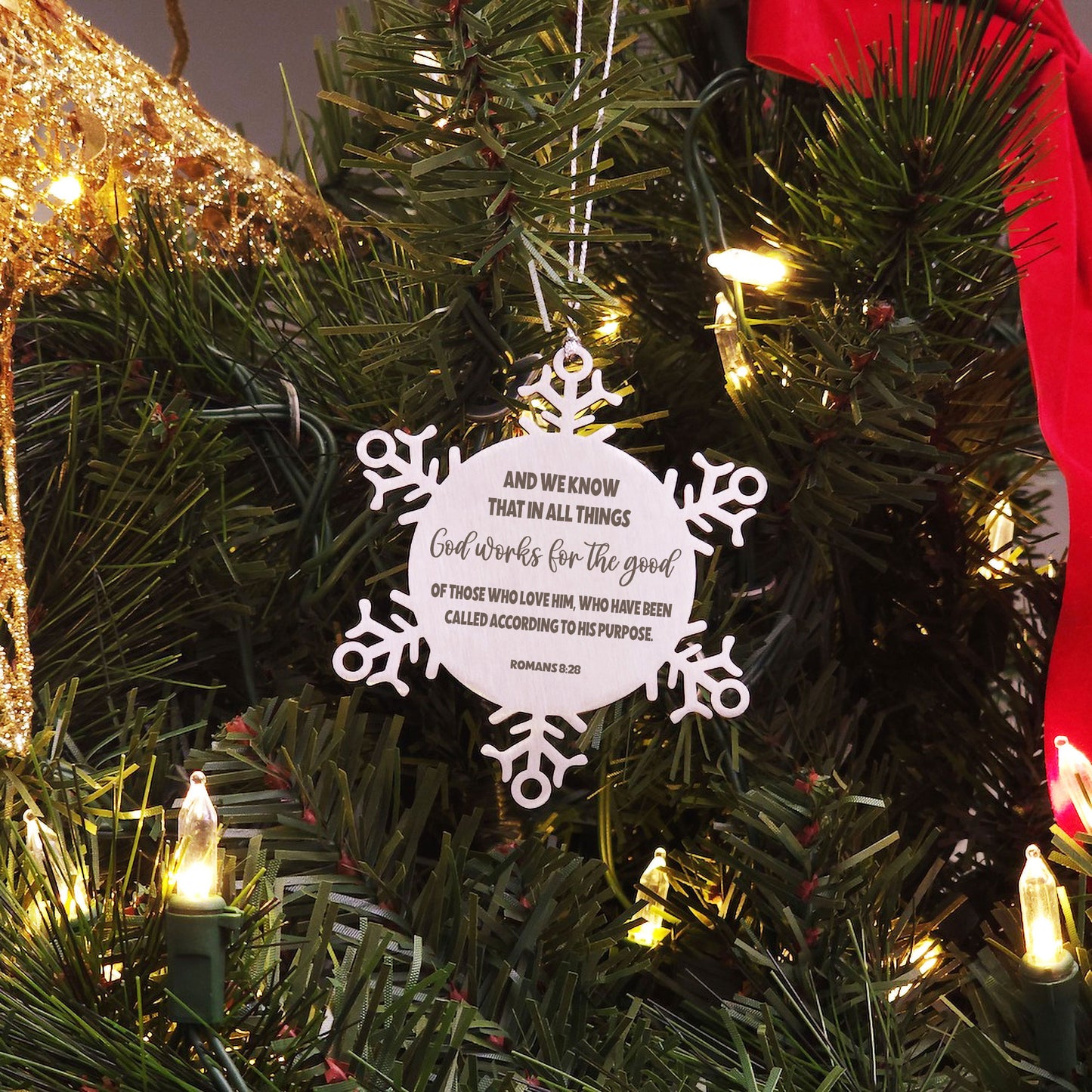 Romans 8:28, And We Know That In All Things Ornament, Engraved Bible Verse Faint Scripture Christmas Ornament