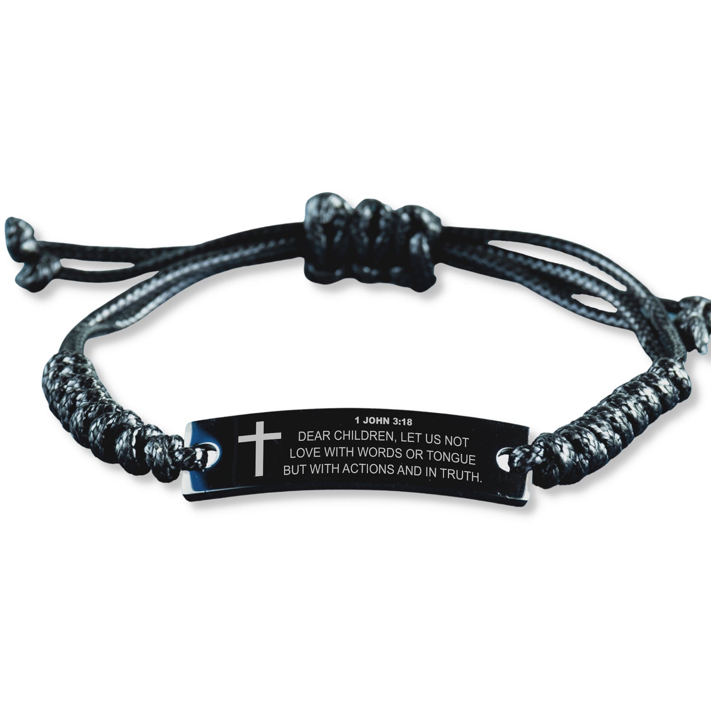 1 John 3 18 Bracelet, Let Us Not Love With Words, Bible Verse Bracelet, Christian Bracelet, Engraved Black Braided Rope Bracelet.