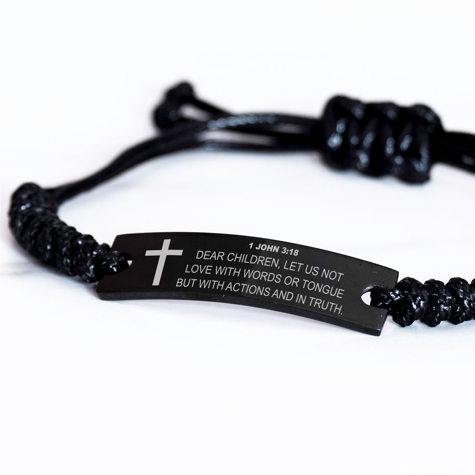 1 John 3 18 Bracelet, Let Us Not Love With Words, Bible Verse Bracelet, Christian Bracelet, Engraved Black Braided Rope Bracelet.