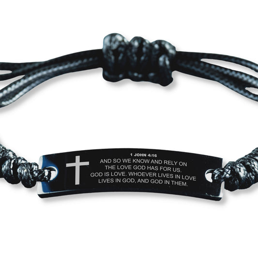 1 John 4 16 Bracelet, And So We Know And Rely On The Love, Bible Verse Bracelet, Christian Bracelet, Engraved Black Braided Rope Bracelet.