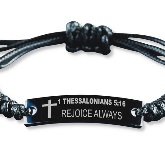 1 Thessalonians 5 16 Bracelet, Rejoice Always, Bible Verse Bracelet, Christian Bracelet, Engraved Black Braided Rope Bracelet.