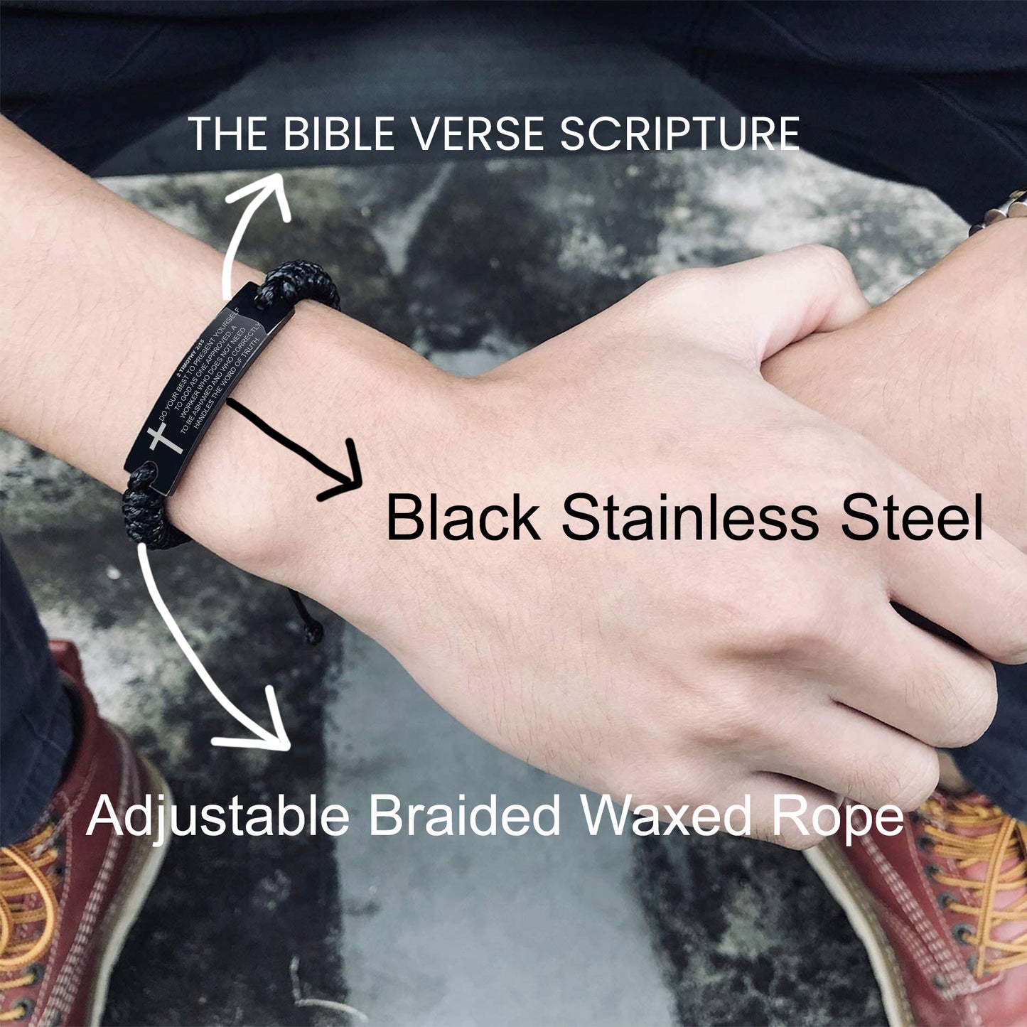 2 Timothy 2 15 Bracelet, Do Your Best To Present Yourself To God As One Approved, Bible Verse Bracelet, Engraved Black Braided Rope Bracelet.