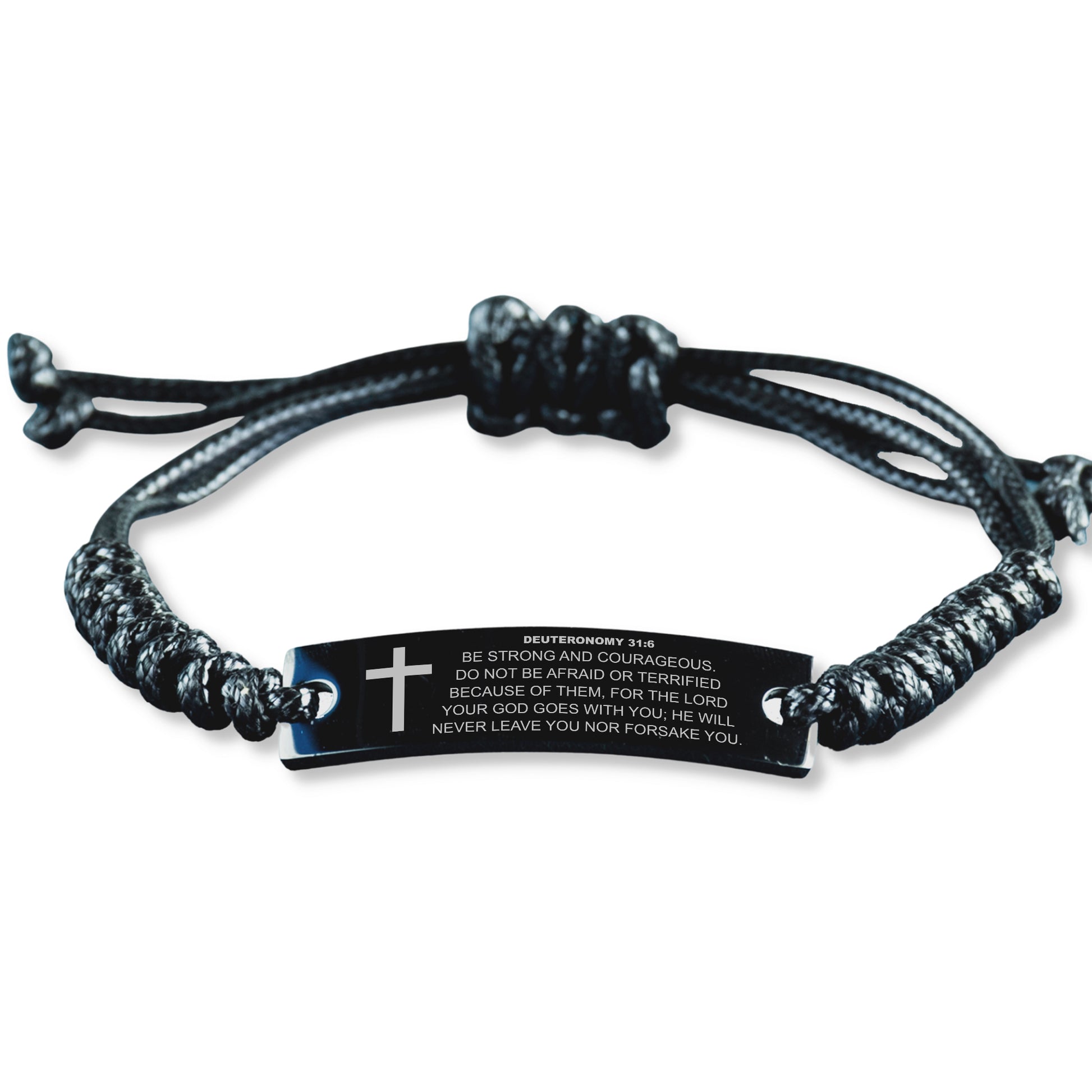 Deuteronomy 31 6 Bracelet, Be Strong And Courageous, Bible Verse Bracelet, Christian Bracelet, Engraved Black Braided Rope Bracelet.