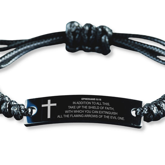 Ephesians 6 16 Bracelet, Take Up The Shield Of Faith, Bible Verse Bracelet, Christian Bracelet, Engraved Black Braided Rope Bracelet.