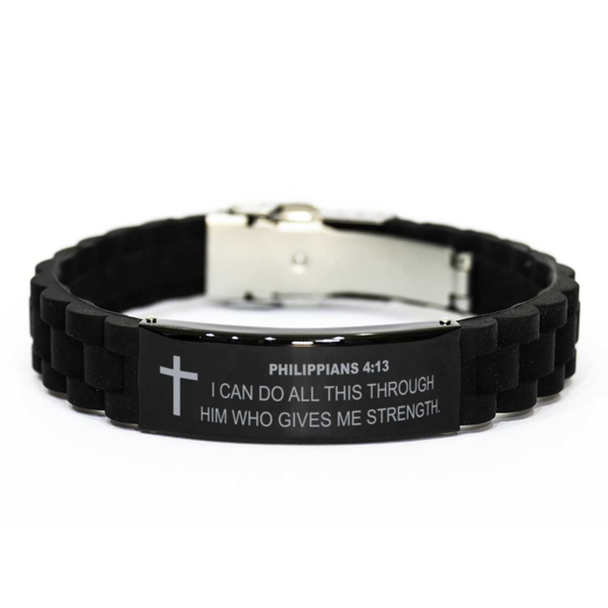 Philippians 4 13 Bracelet, Bible Verse Bracelet, Christian Bracelet, Christian Birthday Gift, Black Stainless Steel Silicone Bracelet, Gift for Christian.