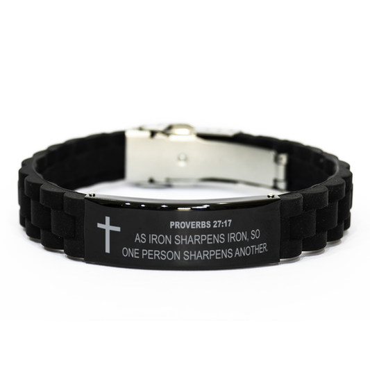 Proverbs 27 17 Bracelet, Bible Verse Bracelet, Christian Bracelet, Christian Birthday Gift, Black Stainless Steel Silicone Bracelet, Gift for Christian.