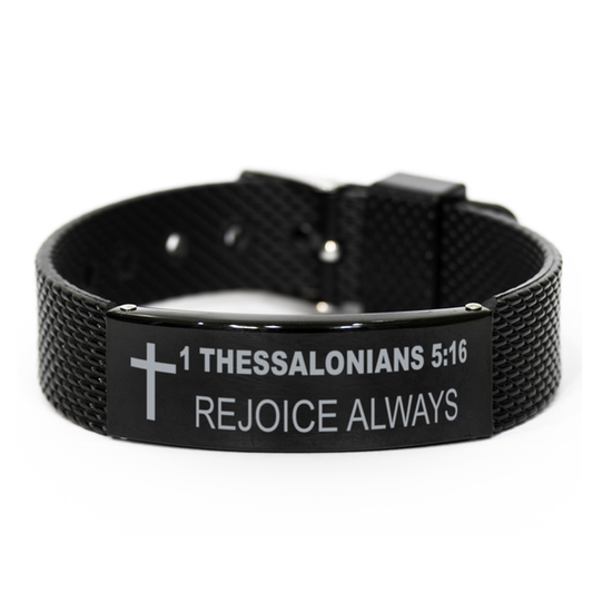 1 Thessalonians 5 16 Bracelet, Bible Verse Bracelet, Christian Bracelet, Christian Birthday Gift, Black Stainless Steel Leather Bracelet, Gift for Christian.