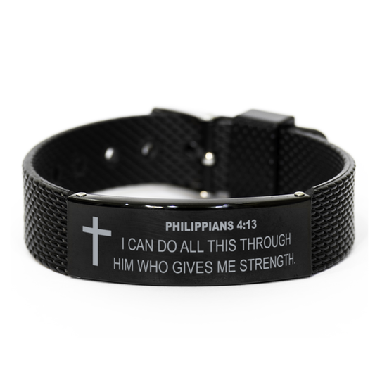 Philippians 4 13 Bracelet, Bible Verse Bracelet, Christian Bracelet, Christian Birthday Gift, Black Stainless Steel Leather Bracelet, Gift for Christian.