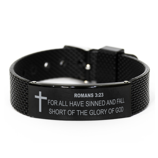 Romans 3 23 Bracelet, Bible Verse Bracelet, Christian Bracelet, Christian Birthday Gift, Black Stainless Steel Leather Bracelet, Gift for Christian.