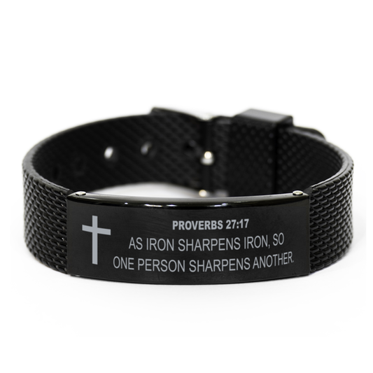 Proverbs 27 17 Bracelet, Bible Verse Bracelet, Christian Bracelet, Christian Birthday Gift, Black Stainless Steel Leather Bracelet, Gift for Christian.