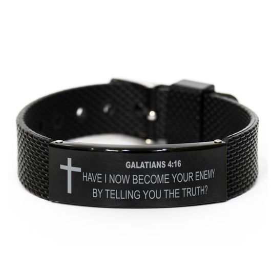 Galatians 4 16 Bracelet, Bible Verse Bracelet, Christian Bracelet, Christian Birthday Gift, Black Stainless Steel Leather Bracelet, Gift for Christian.