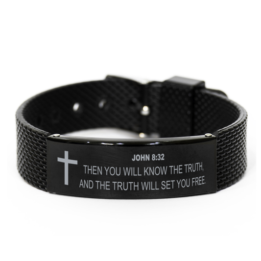 John 8 32 Bracelet, Bible Verse Bracelet, Christian Bracelet, Christian Birthday Gift, Black Stainless Steel Leather Bracelet, Gift for Christian.