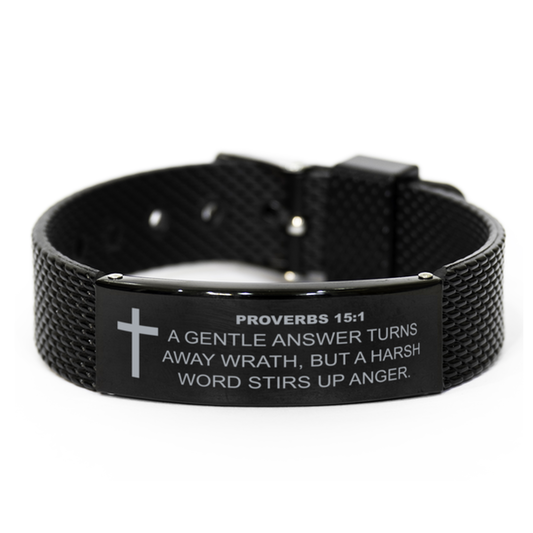 Proverbs 15 1 Bracelet, Bible Verse Bracelet, Christian Bracelet, Christian Birthday Gift, Black Stainless Steel Leather Bracelet, Gift for Christian.