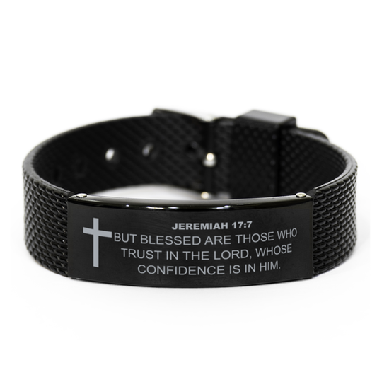 Jeremiah 17 7 Bracelet, Bible Verse Bracelet, Christian Bracelet, Christian Birthday Gift, Black Stainless Steel Leather Bracelet, Gift for Christian.