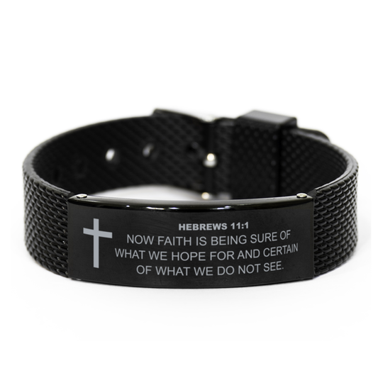 Hebrews 11 1 Bracelet, Bible Verse Bracelet, Christian Bracelet, Christian Birthday Gift, Black Stainless Steel Leather Bracelet, Gift for Christian.