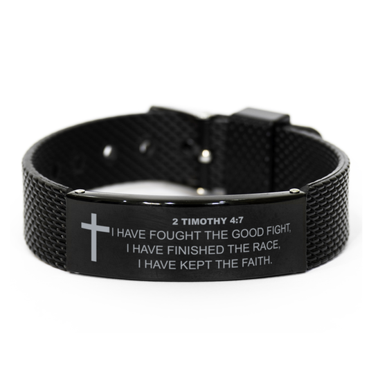 2 Timothy 4 7 Bracelet, Bible Verse Bracelet, Christian Bracelet, Christian Birthday Gift, Black Stainless Steel Leather Bracelet, Gift for Christian.