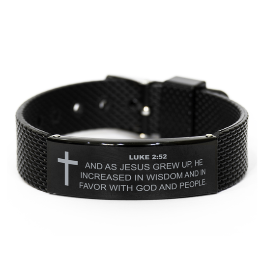 Luke 2 52 Bracelet, Bible Verse Bracelet, Christian Bracelet, Christian Birthday Gift, Black Stainless Steel Leather Bracelet, Gift for Christian.